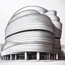 black and white photograph of a large building in the snow