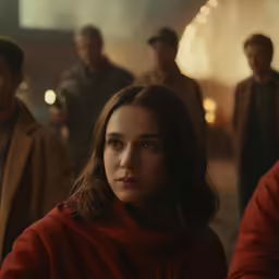 several people standing together, one with a red shirt and two are looking at something