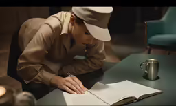 a woman that is leaning over a table and writing