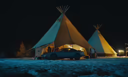 an open tipi - tent on snow covered ground near two cars
