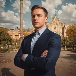 a man posing for a picture in front of an old building