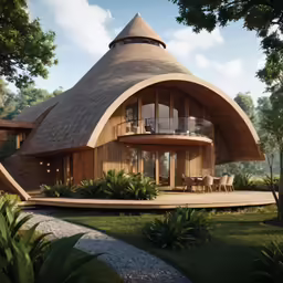 a house in the woods with a big circle roof