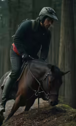 a man in helmet and jacket on top of a horse