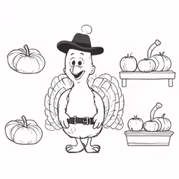 a turkey wearing a cowboy hat and holding a tray of pumpkins