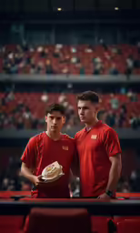 two men stand in the stands at a sporting event