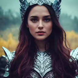 a woman dressed in silver and horns is standing