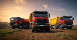 three semi trucks parked on the road side by side,two dump trucks parked on a dirt road next to grass