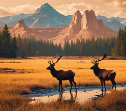 two elk near the mountains drinking water,two elk drink at a watering hole in the mountains