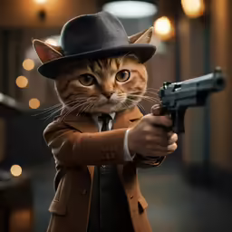 a cat dressed in a suit and hat holding a gun