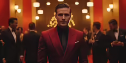 the man in a red suit stands at an event