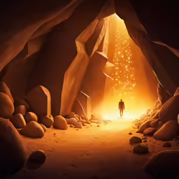 a man is walking out from a cave under the stars
