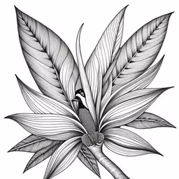 an ink drawing of a flower with leaves,an ornate leaf with a bird in it