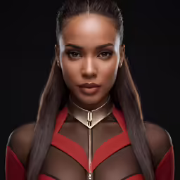 the cover up of the album, a lady in red and black, features long hair,
