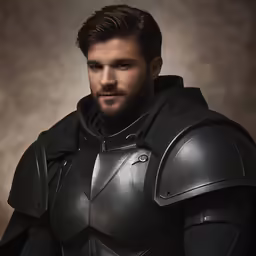 a male in a black medieval suit and helmet