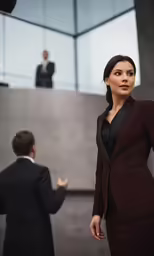 a woman in a suit and standing next to a man