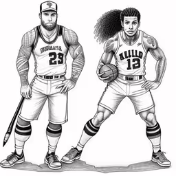 two basketball players with their ball and uniforms,a man with basketball shoes is standing beside another man,two basketball players are depicted in this drawing,an ink drawing of two basketball players, one holding a ball,an image of two basketball players that look like each other