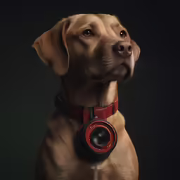 a brown dog wearing a red collar with a camera in its mouth