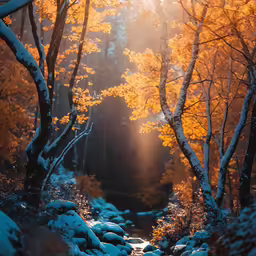trees with yellow leaves and light shining in through