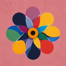 an overhead shot of a circular multi - colored paper cut flower,a colorful flower with several petals on it