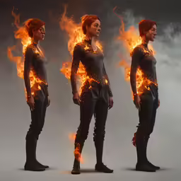 three women stand in front of fire and smoke, with their bodies covered in orange flames