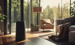 an empty couch in a large living room with tall glass windows