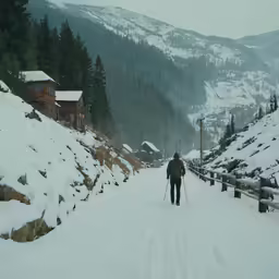 a person on skis makes their way down the road