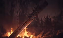 a close up view of a sword with a large flame in the background