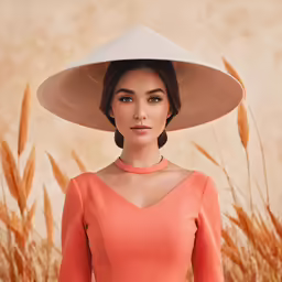 a woman in a hat is standing in front of tall grass