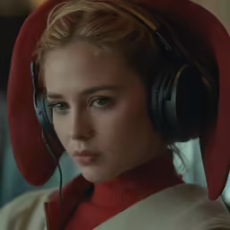 a woman with headphones and a red hat