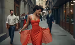 a woman with red dress walking on a city street while three men walk past her