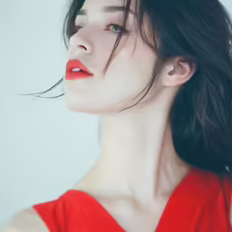 a woman wearing red lipstick is wearing a long necklace