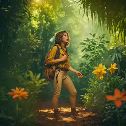 a woman with a backpack stands in front of a lush green forest,a painting of a woman dressed in native garb, with a backpack and some flowers