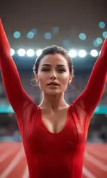 a girl in red is on the track