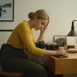 a woman sits on a chair with her laptop, holding a camera