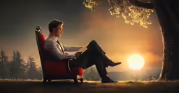 a man sitting in a chair under the shade of a tree