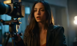 woman in an orange top and black jacket holds up a camera and looks at the camera lens