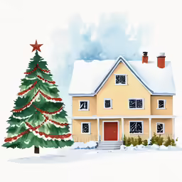 a yellow house with a christmas tree on the front porch