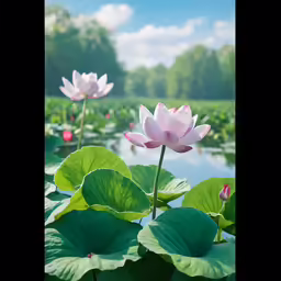 lotus flowers are growing in a pond near a forest