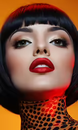 a woman with black hair wearing a red tie and lipstick
