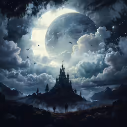a castle at the end of a dark sky is illuminated by moonlight