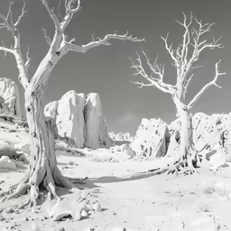 black and white photo of barren trees in desert