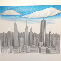 a drawing of a cityscape has clouds above it,this is a pencil drawing of a cityscape