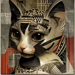 a cat with decorative face next to some type of building