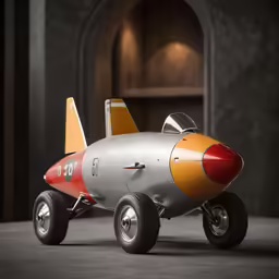 a small model airplane with wheels and red nose
