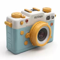 a blue and yellow digital camera is next to a smaller one