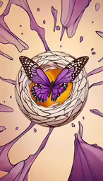 a colorful butterfly is flying away from a circular flower