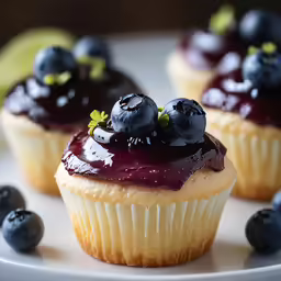 several cupcakes with blueberries and a drizzle of icing on a plate