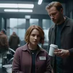 man and woman are looking at something in a large room