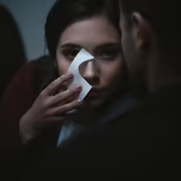 woman with tape on nose holding paper piece to face
