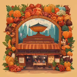 a restaurant with many different foods on display,an orange and brown building surrounded by many pumpkins